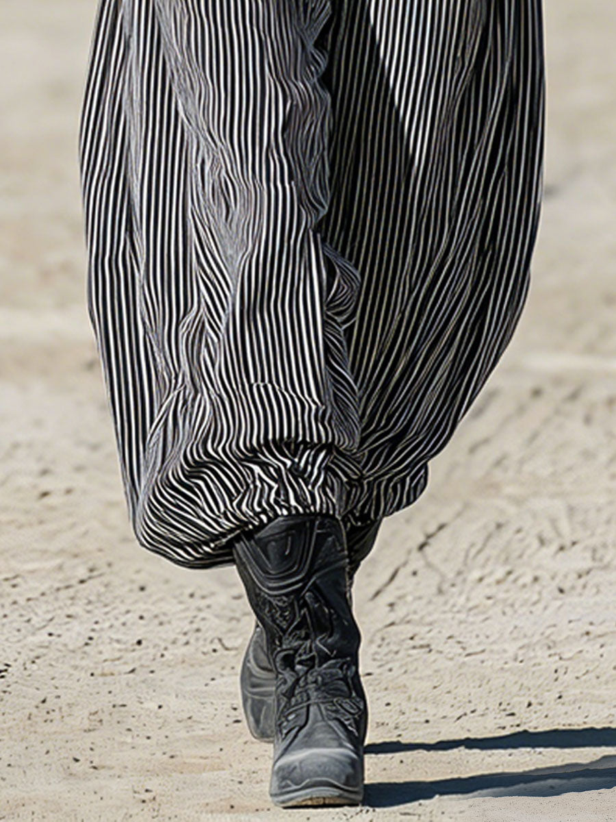 Western Retro Linen Black And White Striped Denim Balloon Pants  - By Qivii