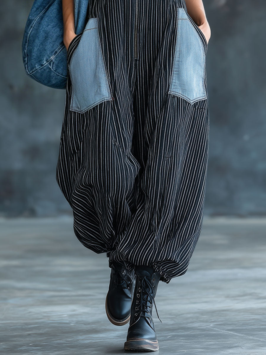 Casual Retro Black And White Striped Denim Sleeveless Zipper Balloon Jumpsuit  - By Qivii
