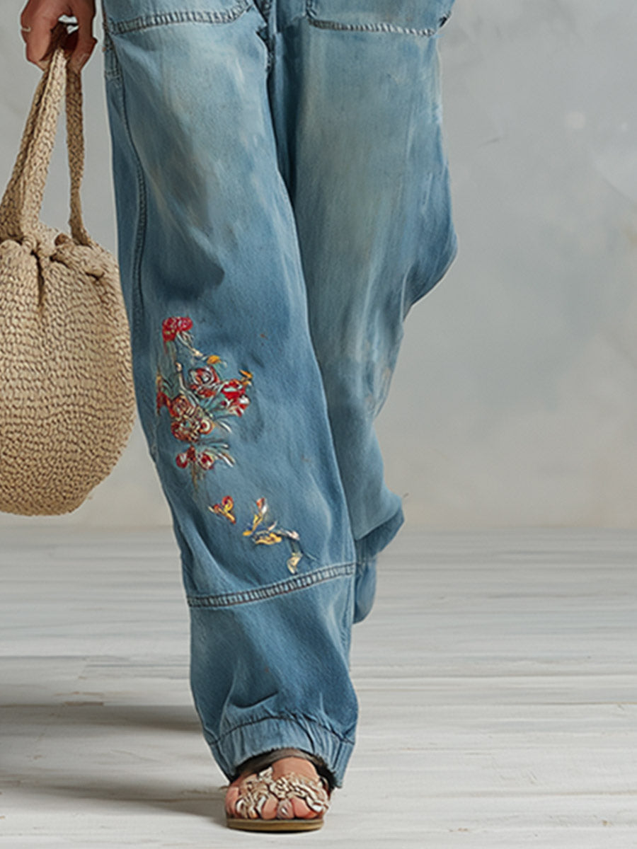 Retro-style PU Shoulder Straps Blue Embroidered Denim Jumpsuit  - By Qivii