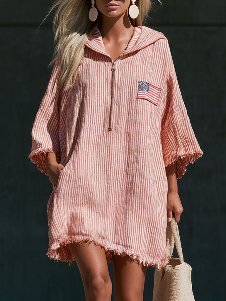 Vintage American Flag Embroidered Hooded Red And White Striped Cotton And Linen Mini Dress  - By Qivii