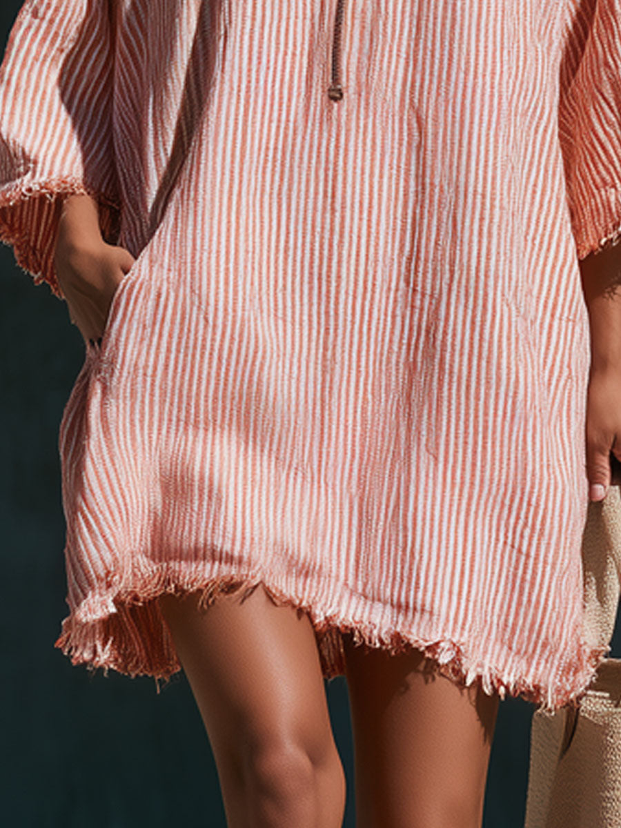 Vintage American Flag Embroidered Hooded Red And White Striped Cotton And Linen Mini Dress  - By Qivii