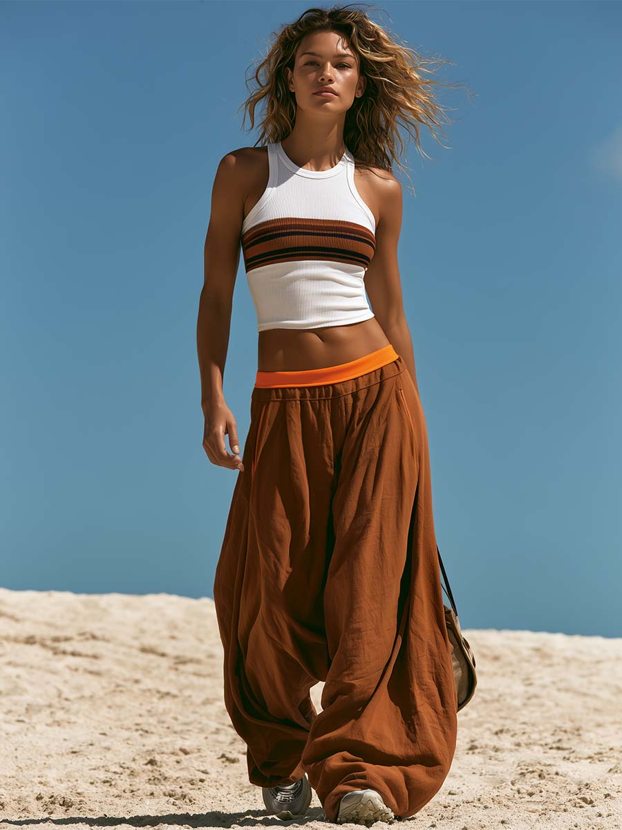 Retro Sports Style Knitted Top And Brown Cotton Pants Set  - By Qivii