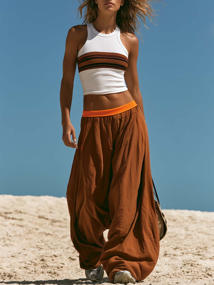 Retro Sports Style Knitted Top And Brown Cotton Pants Set  - By Qivii