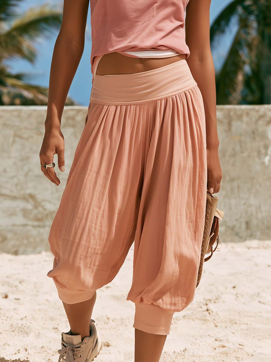 Casual Fashion Pink Cotton Crew-neck Top And Cotton-linen Lantern Pant Set  - By Qivii
