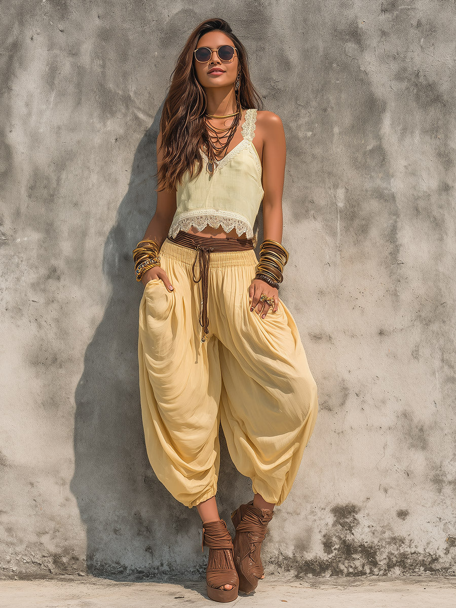 Retro-style Yellow Bohemian-inspired Top And Balloon-cut Cropped Trousers Set  - By Qivii
