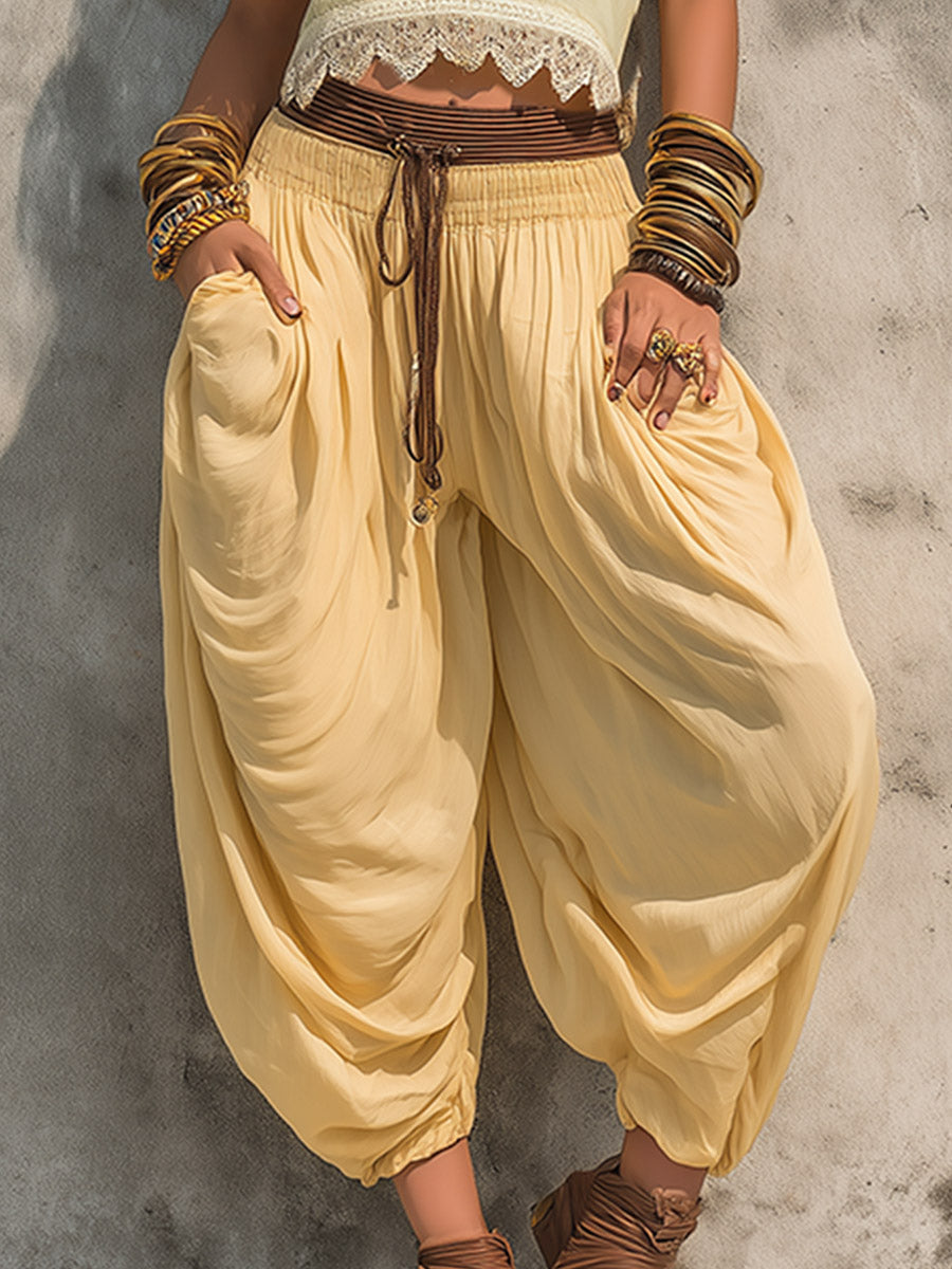 Retro-style Yellow Bohemian-inspired Top And Balloon-cut Cropped Trousers Set  - By Qivii