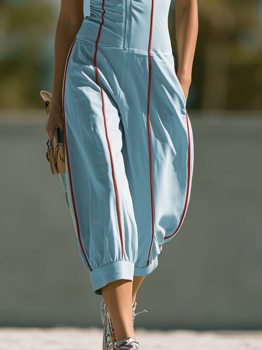 Athleisure Red Trim V-neck Front Zip Light Blue Cotton Jumpsuit  - By Qivii