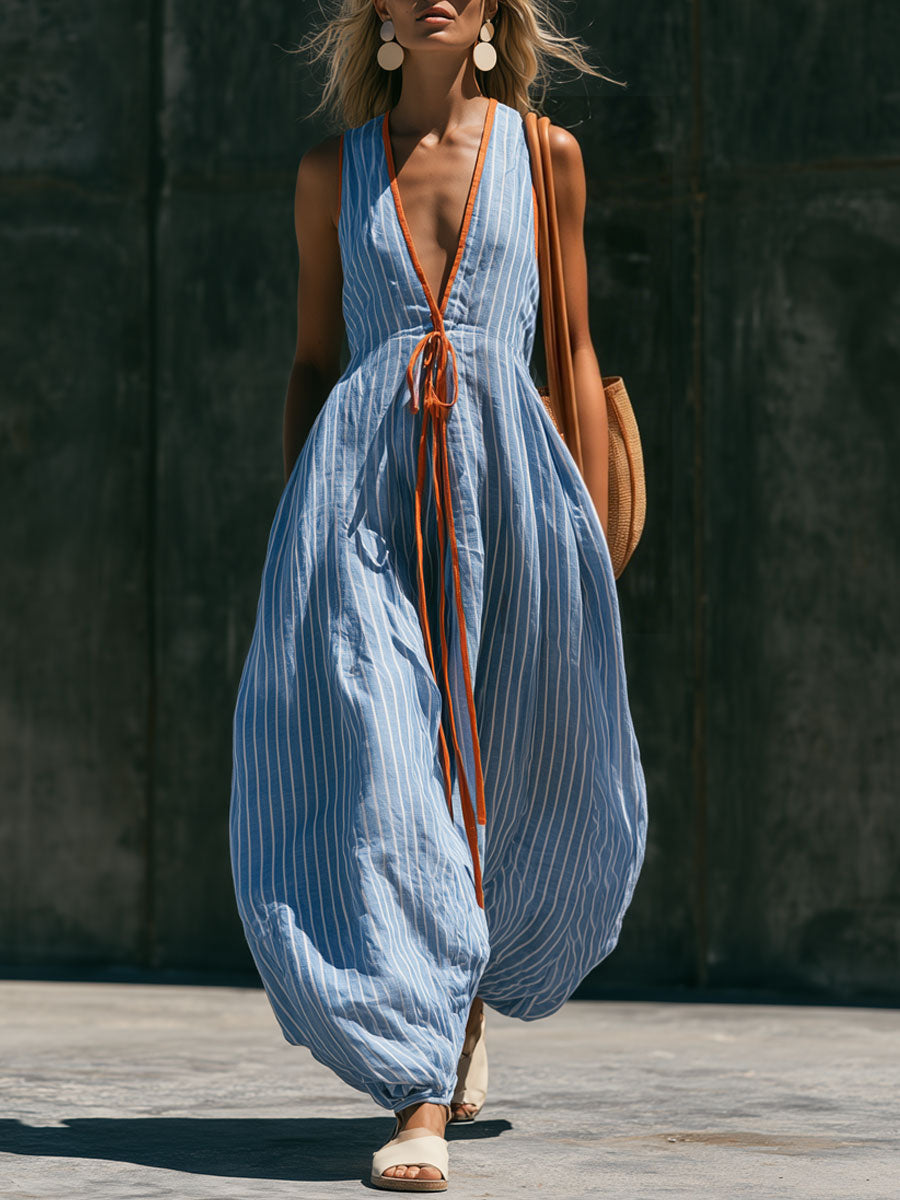 Casual Retro V-neck Tie-up Blue And White Striped Cotton Linen Balloon Jumpsuit  - By Qivii