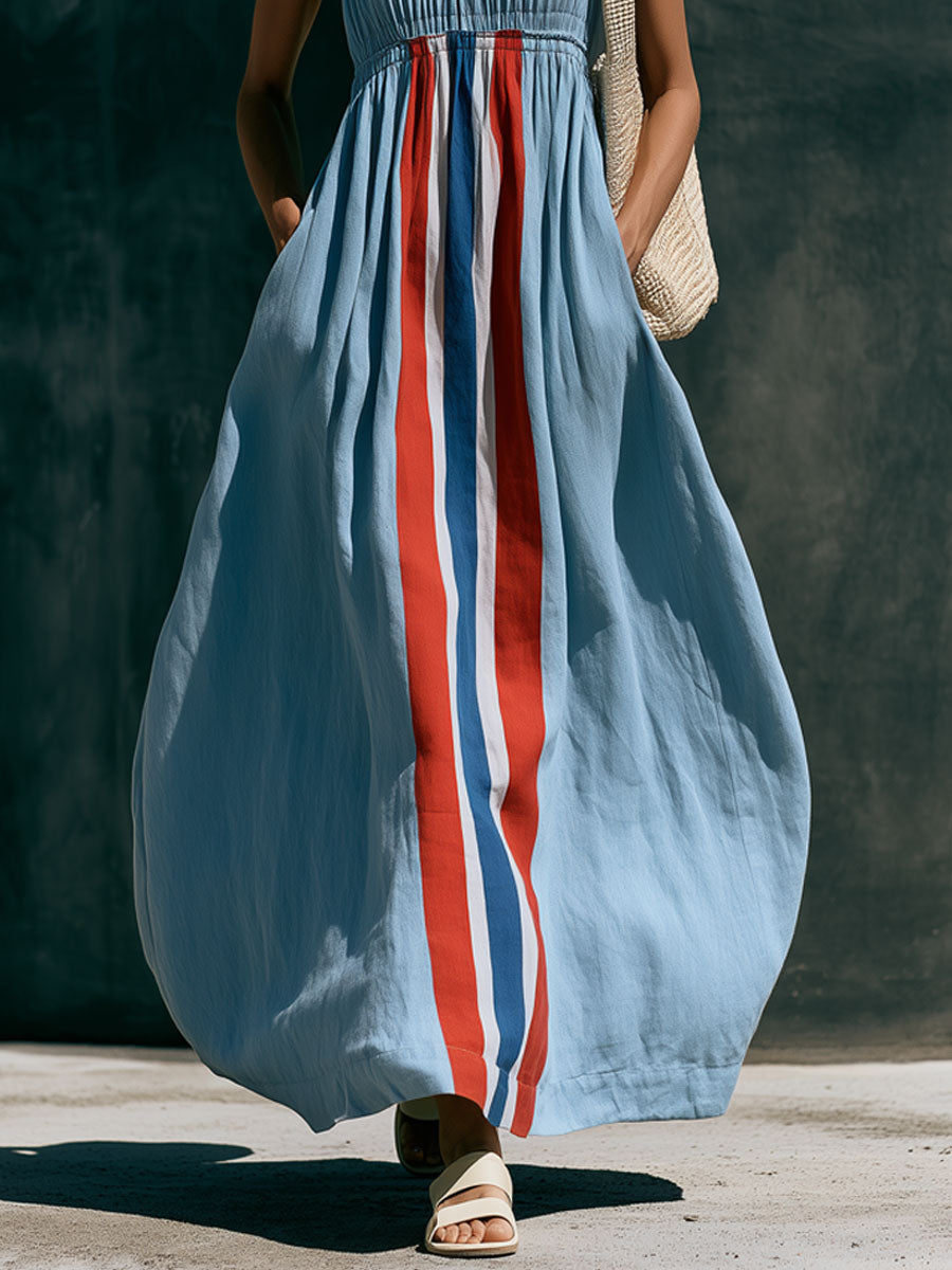 Vacation Retro Color Block Striped Blue Cotton Linen Sleeveless Maxi Dress  - By Qivii