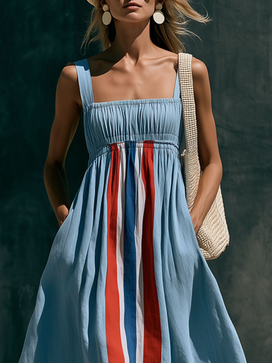 Vacation Retro Color Block Striped Blue Cotton Linen Sleeveless Maxi Dress  - By Qivii