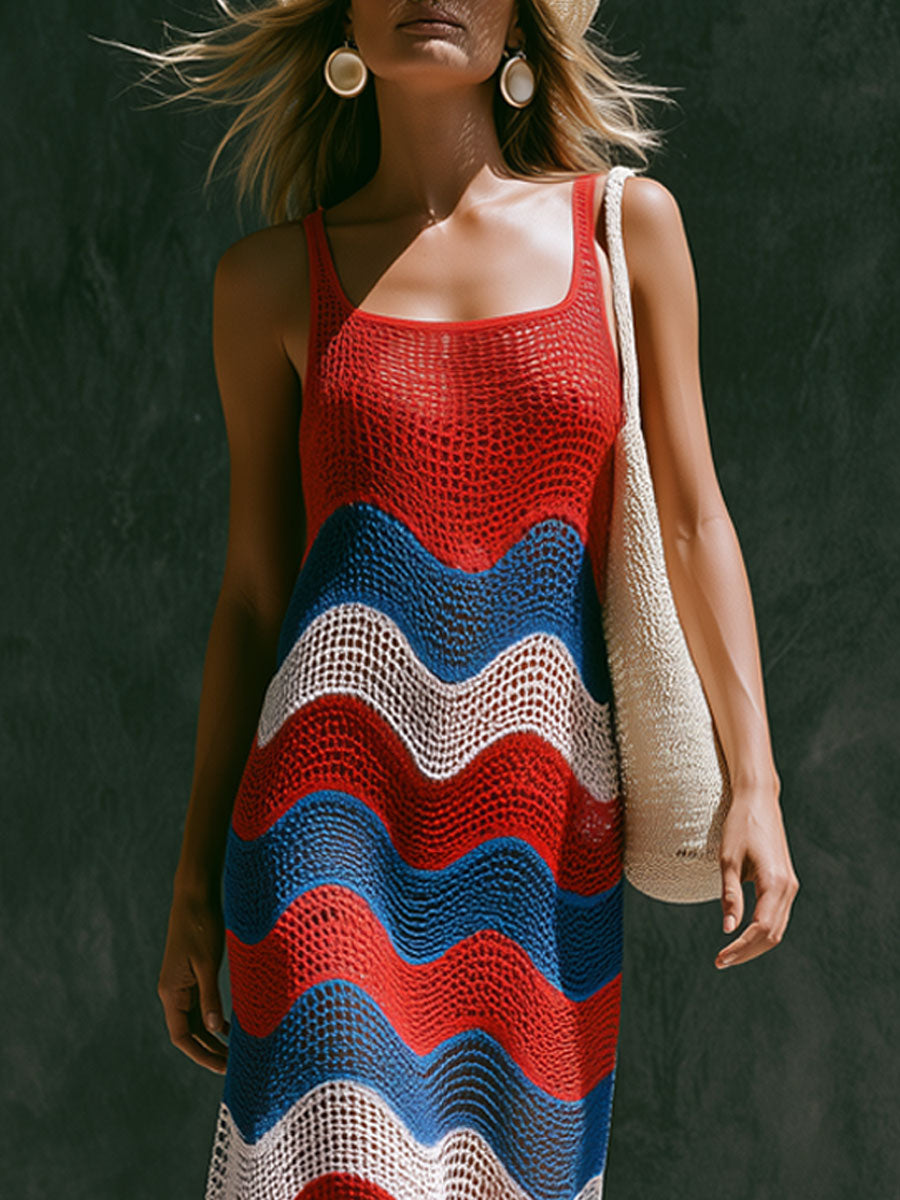 Fashionable Vacation-style Wavy Striped Mesh Knit Sleeveless Maxi Dress  - By Qivii