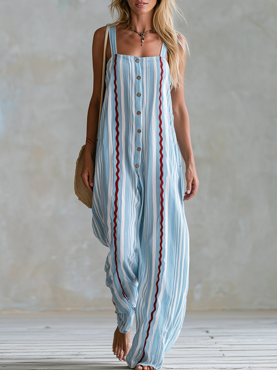 Casual-Chic Scalloped-Edge Blue Striped Cotton-Linen Square-Neck Jumpsuit  - By Qivii