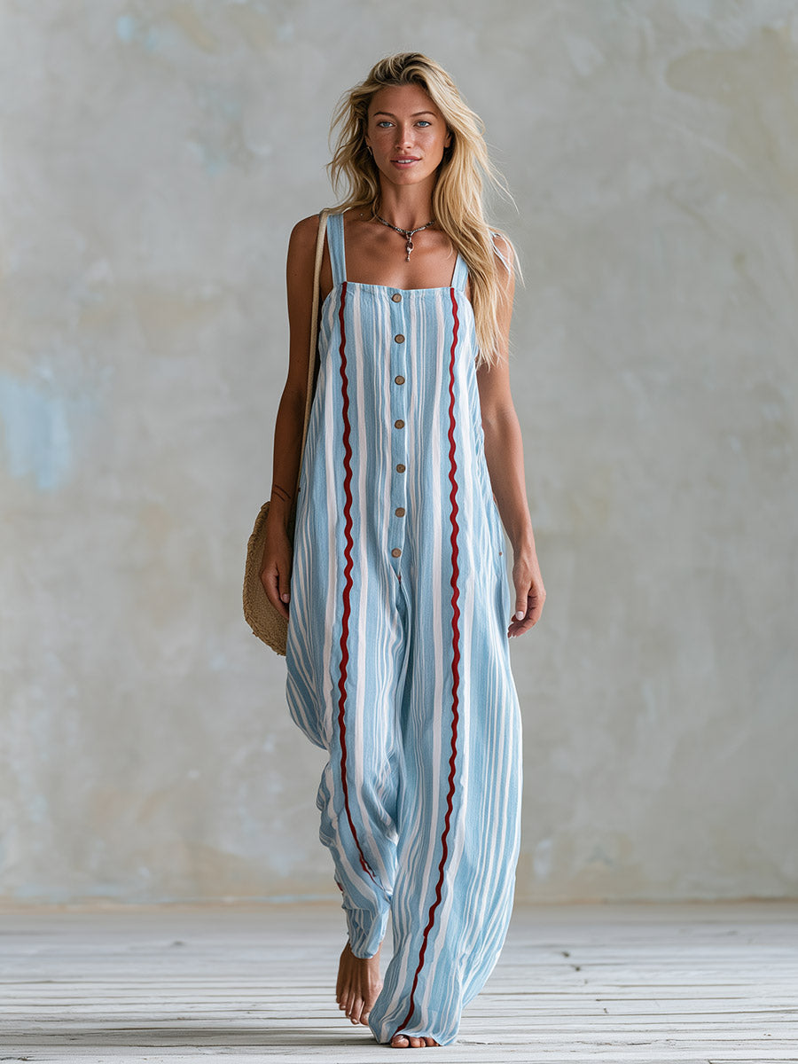 Casual-Chic Scalloped-Edge Blue Striped Cotton-Linen Square-Neck Jumpsuit  - By Qivii