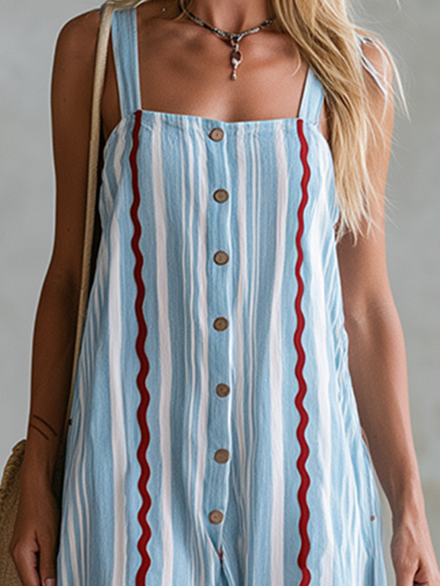 Casual-Chic Scalloped-Edge Blue Striped Cotton-Linen Square-Neck Jumpsuit  - By Qivii