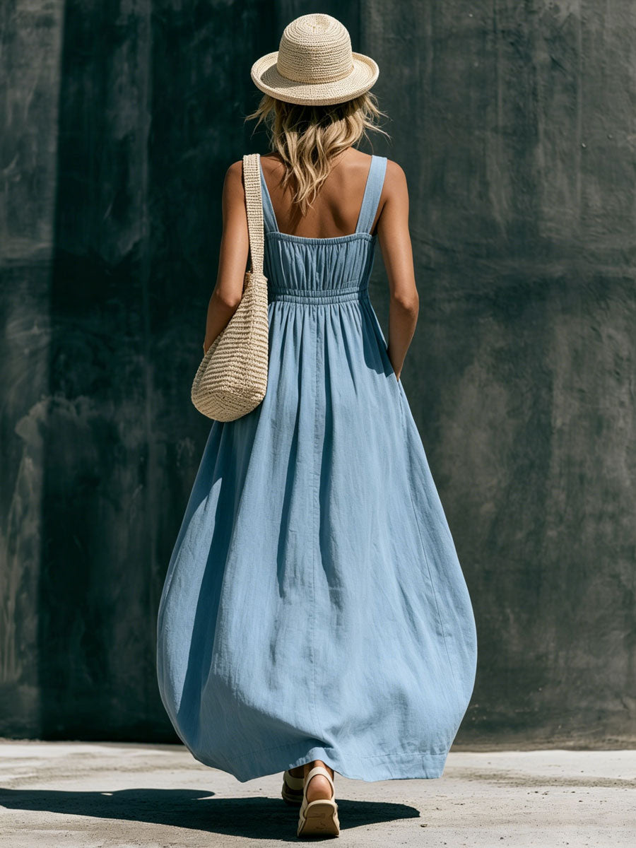 Vacation Retro Color Block Striped Blue Cotton Linen Sleeveless Maxi Dress  - By Qivii