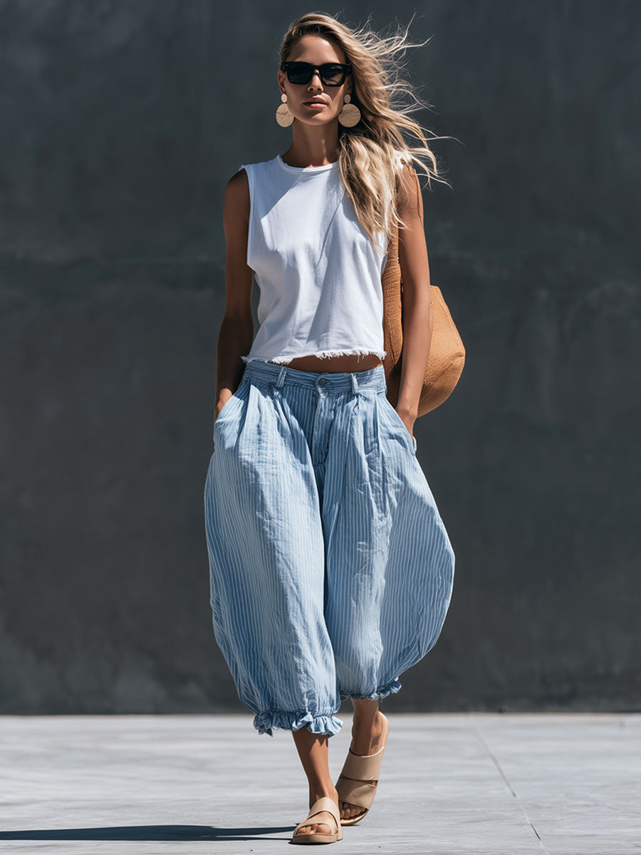 Casual Retro Frayed Top And Light Blue Striped Cotton-linen Cropped Pants Set  - By Qivii