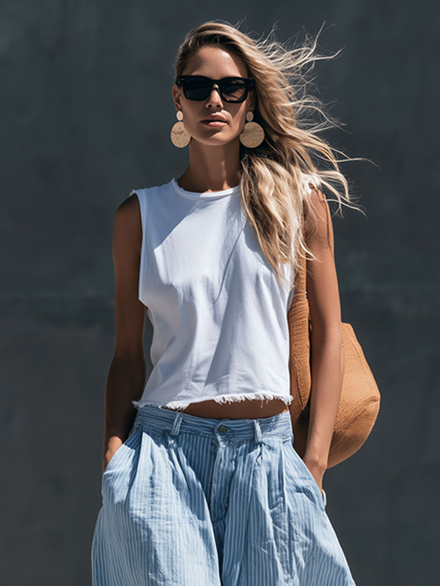 Casual Retro Frayed Top And Light Blue Striped Cotton-linen Cropped Pants Set  - By Qivii