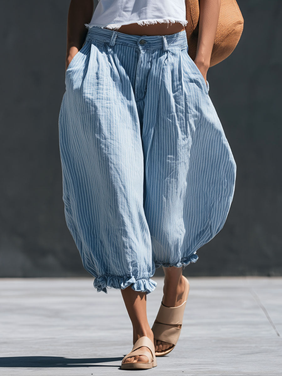 Casual Retro Frayed Top And Light Blue Striped Cotton-linen Cropped Pants Set  - By Qivii