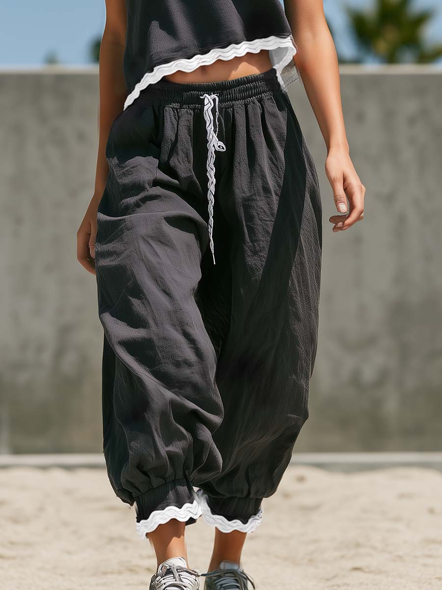 Retro Casual Sportswear Wavy Edges Gray Cotton Top And Pants Set  - By Qivii