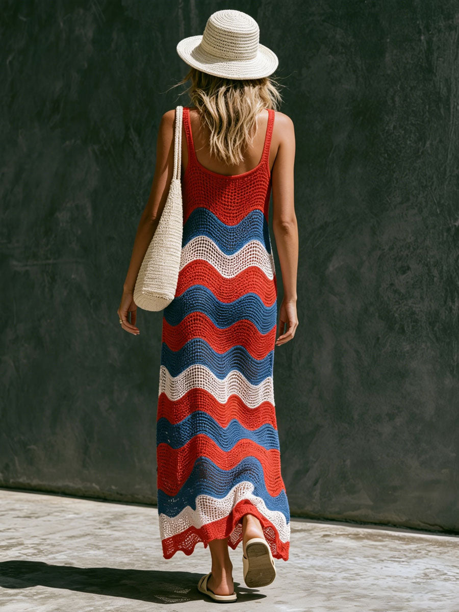 Fashionable Vacation-style Wavy Striped Mesh Knit Sleeveless Maxi Dress  - By Qivii