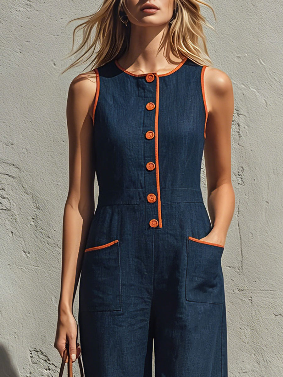 Casual Retro Color-blocked Trim Blue Sleeveless Round Neck Cotton-linen Jumpsuit  - By Qivii