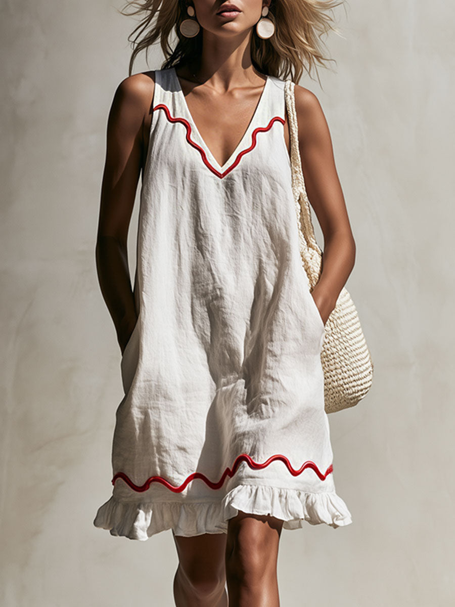 Casual Retro Wavy Ribbon Ruffle White Cotton Linen Sleeveless Mini Dress  - By Qivii