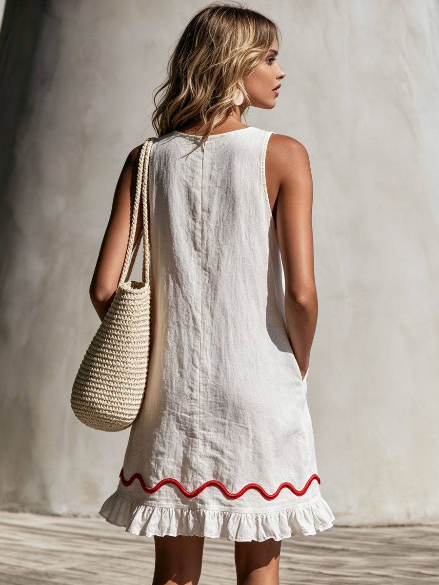 Casual Retro Wavy Ribbon Ruffle White Cotton Linen Sleeveless Mini Dress  - By Qivii