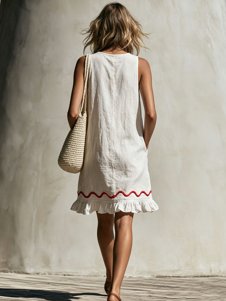 Casual Retro Wavy Ribbon Ruffle White Cotton Linen Sleeveless Mini Dress  - By Qivii