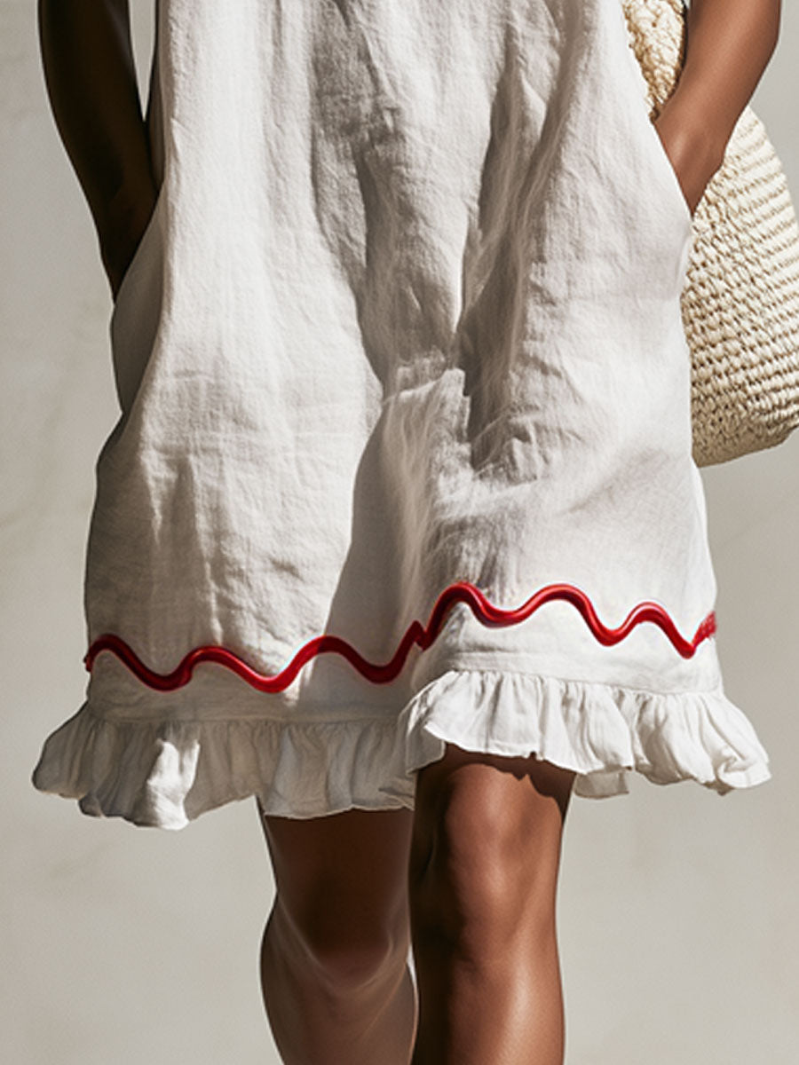 Casual Retro Wavy Ribbon Ruffle White Cotton Linen Sleeveless Mini Dress  - By Qivii