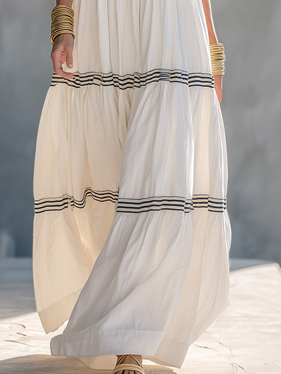 Classic Romantic Vacation Style Striped-Trim White Halter-Neck Cotton Maxi Dress  - By Qivii