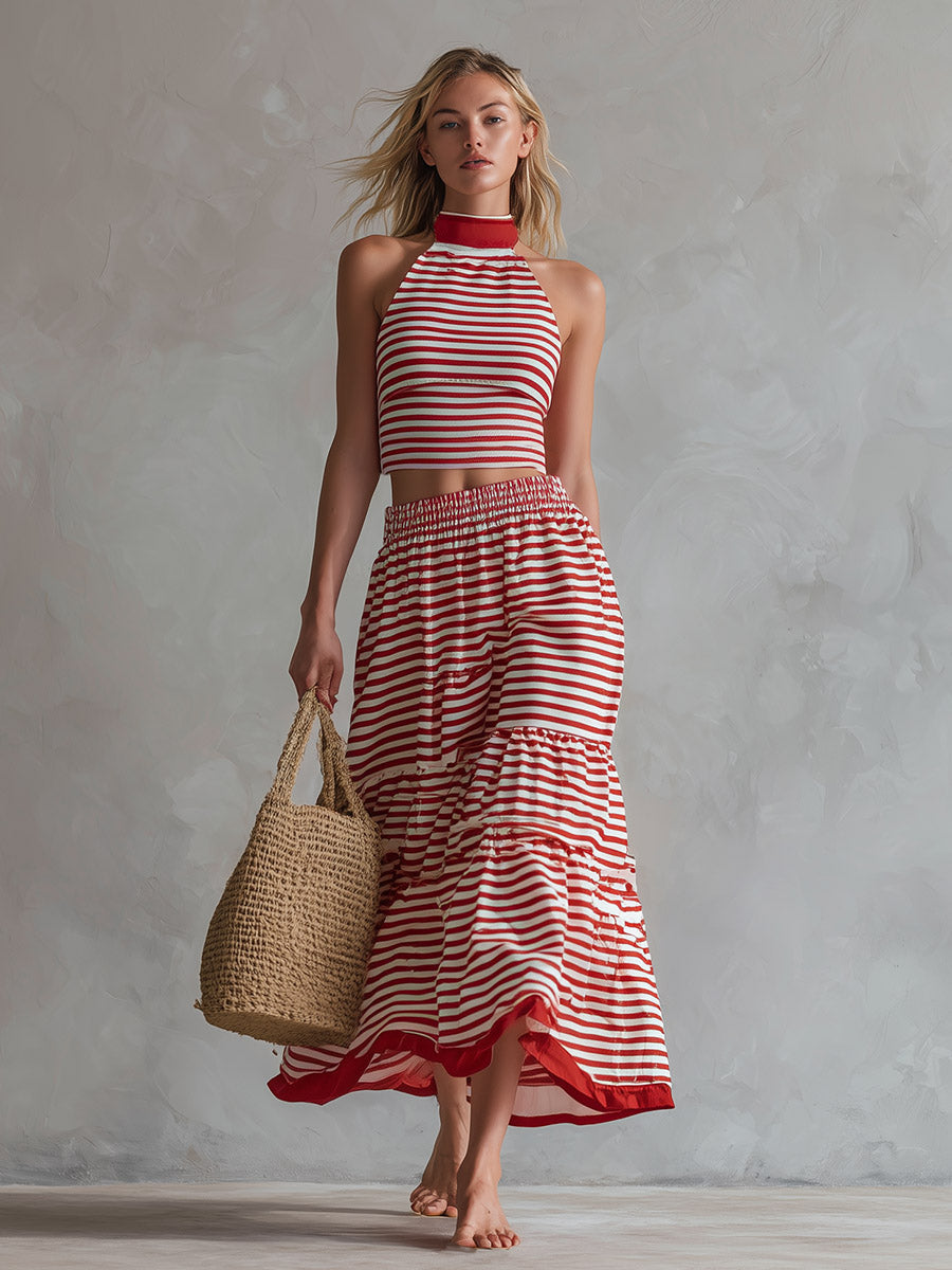 Retro Resort-Style Sporty Red Striped Cotton Sleeveless Top And Skirt Set  - By Qivii