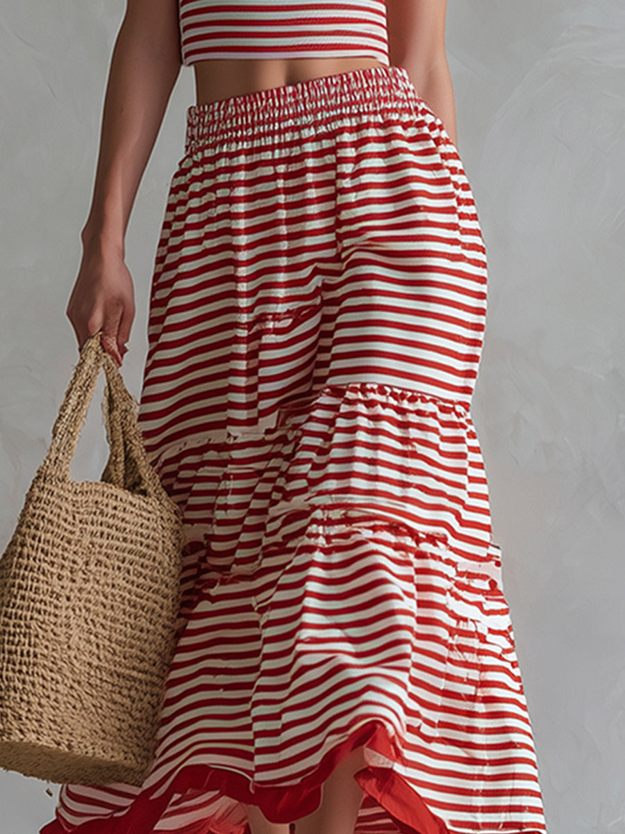 Retro Resort-Style Sporty Red Striped Cotton Sleeveless Top And Skirt Set  - By Qivii