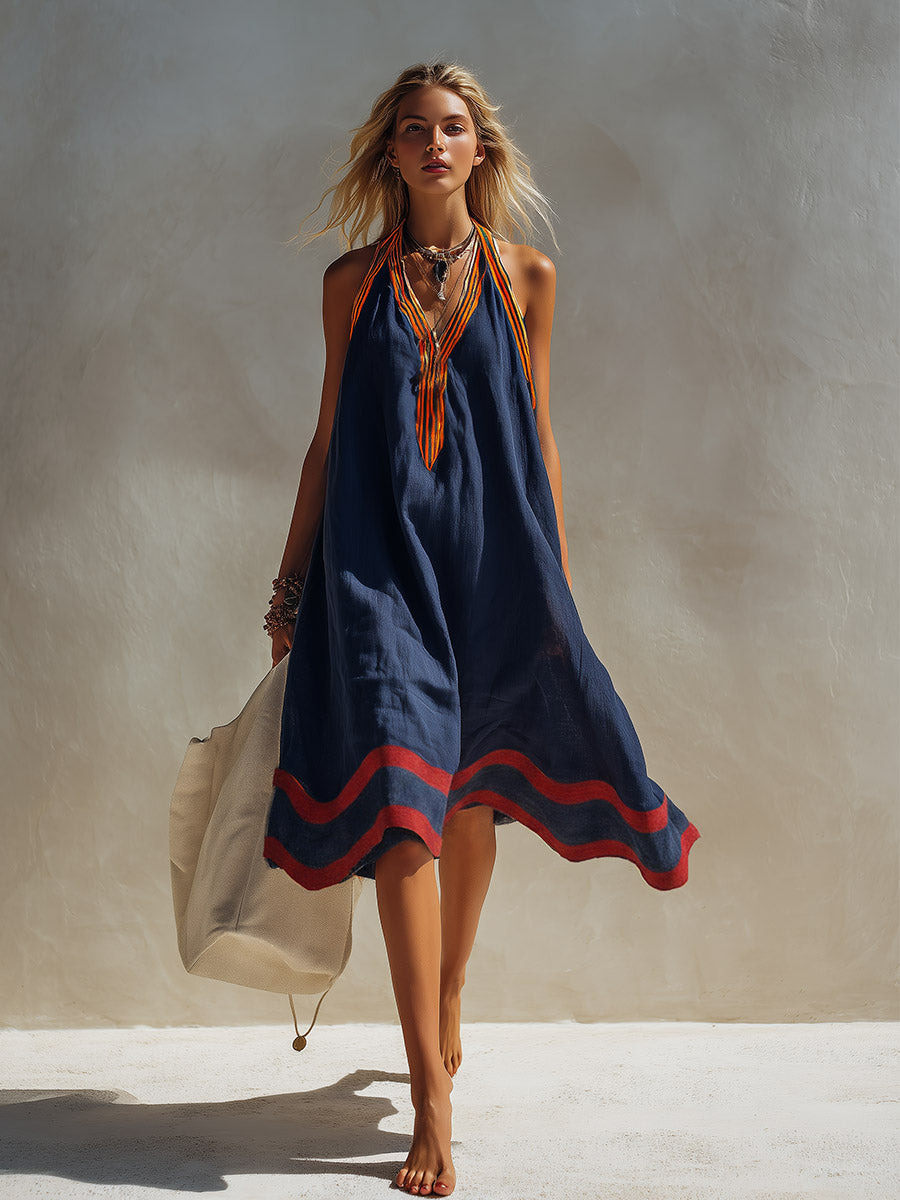 Vintage Elegance Meets Wavy Edging Navy Blue Cotton-Linen Midi Dress  - By Qivii