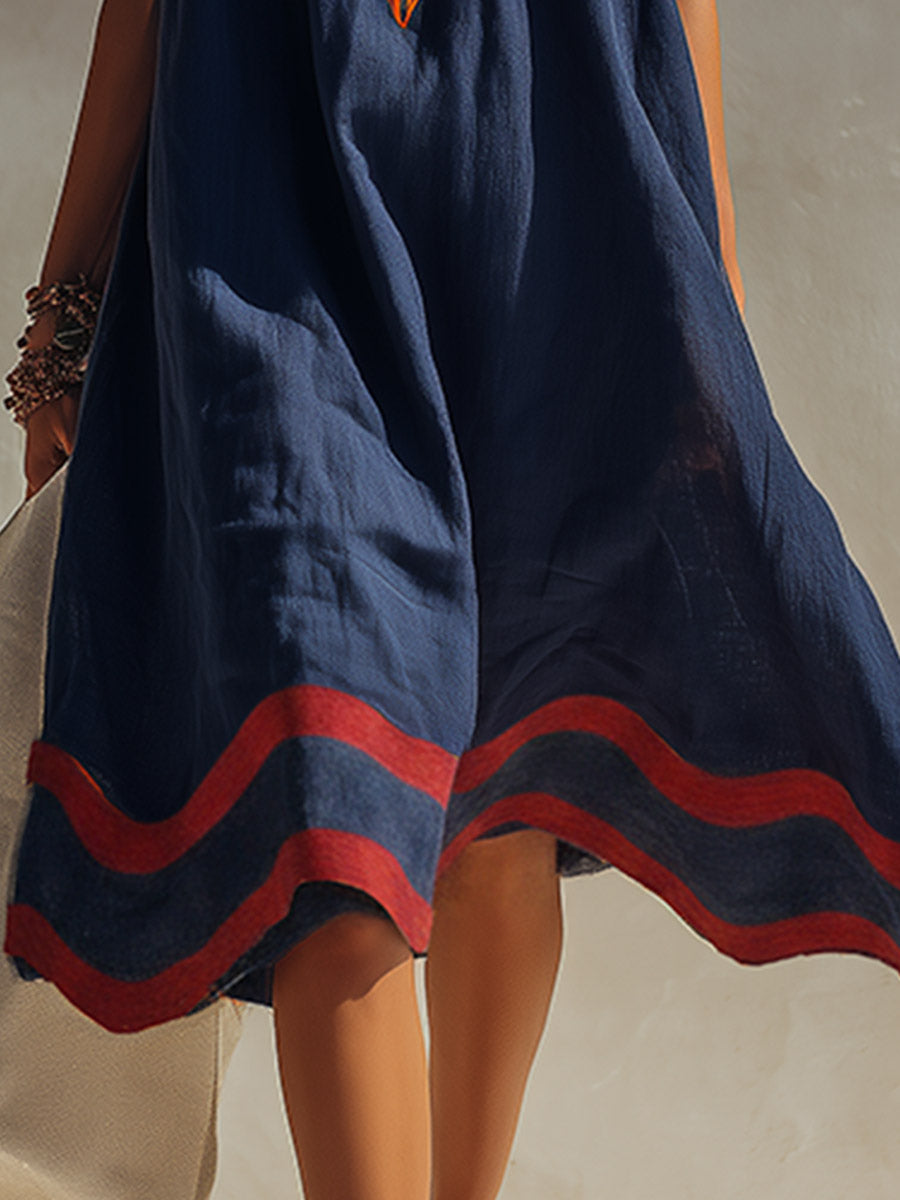 Vintage Elegance Meets Wavy Edging Navy Blue Cotton-Linen Midi Dress  - By Qivii