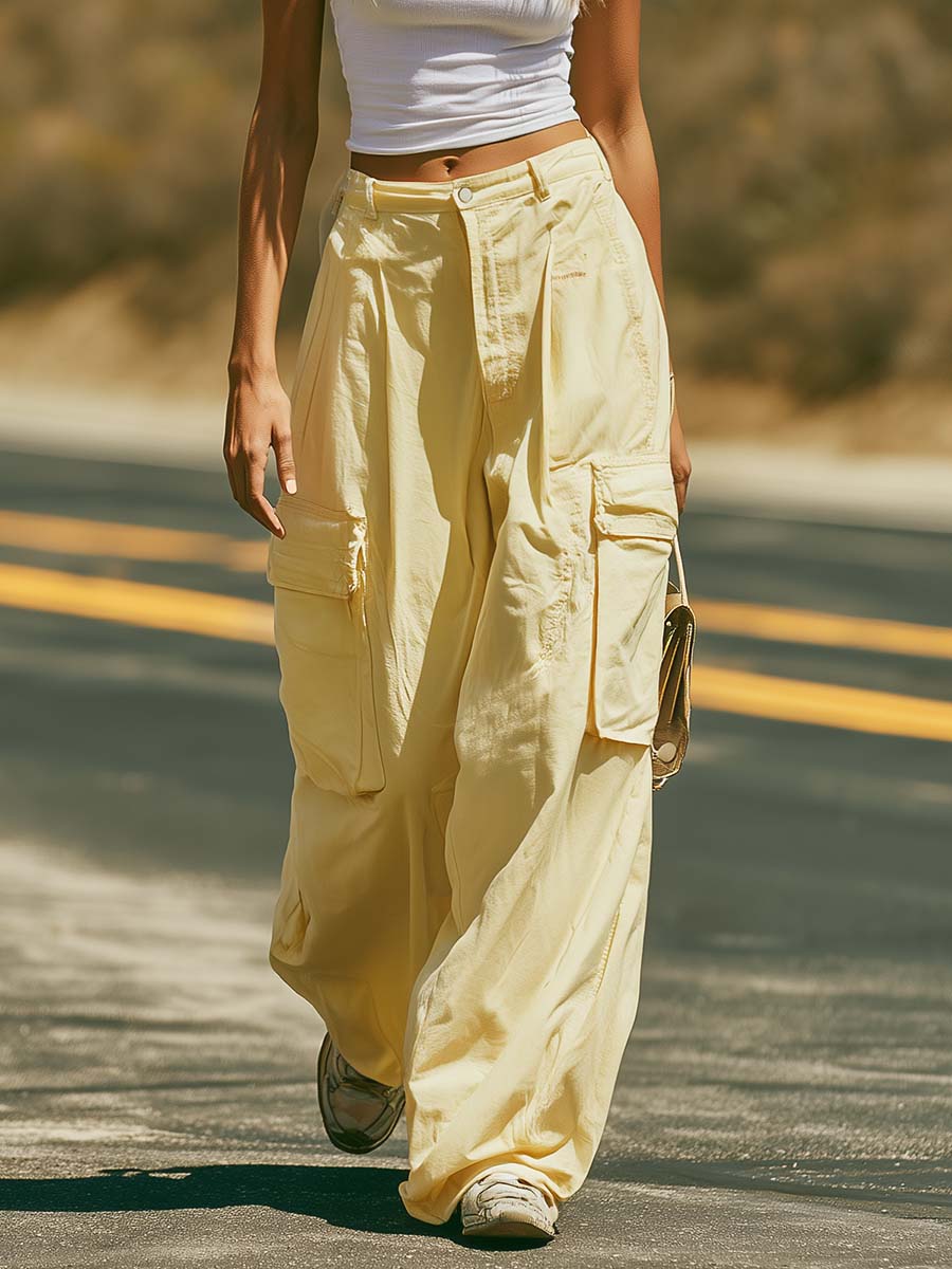 Casual Fashion White Cotton Tank Top And Light Yellow Cargo Pants Set  - By Qivii