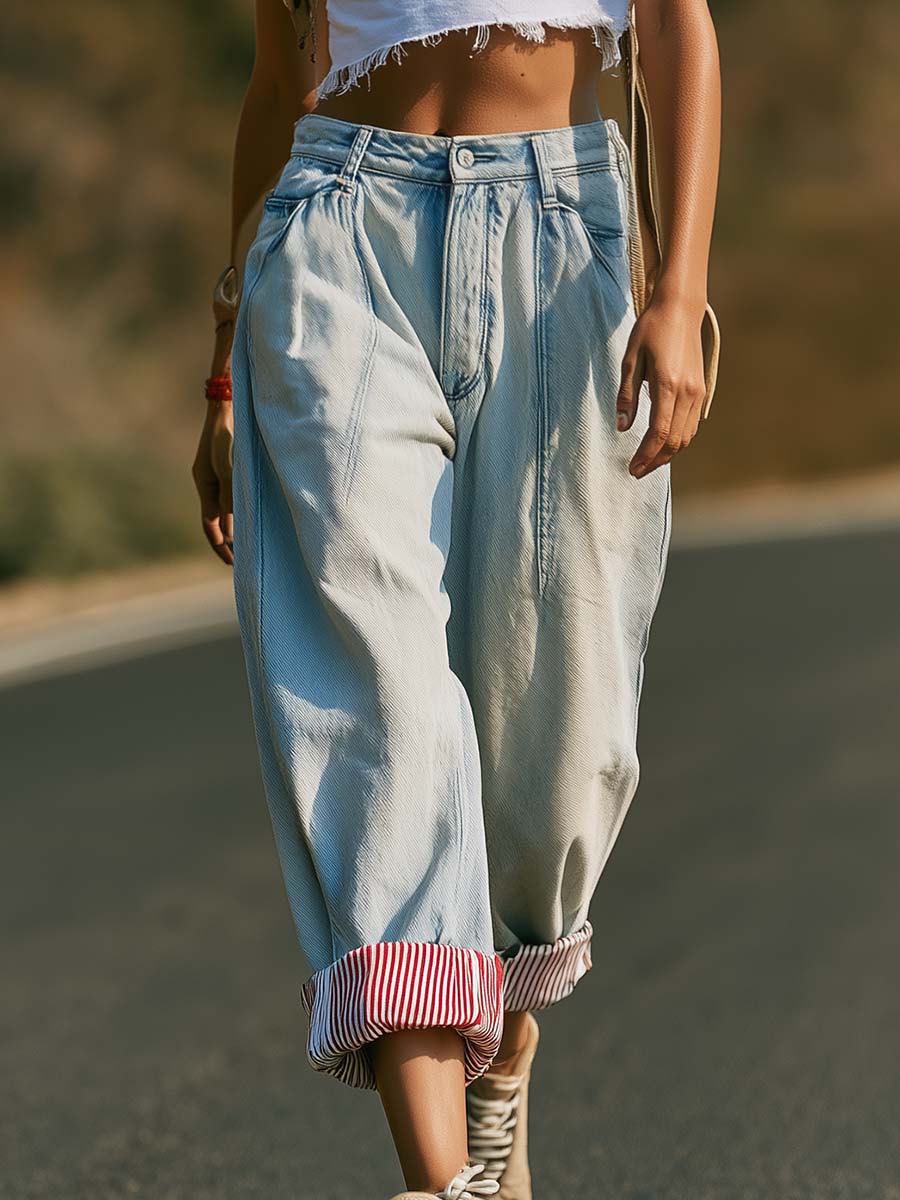 Retro Fashion Striped Cuffs Light Blue Washed Denim Cropped Trousers  - By Qivii