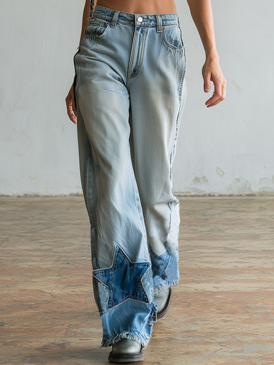 Casual Stylish Star-Patterned Light Blue Wide-Leg Jeans  - By Qivii
