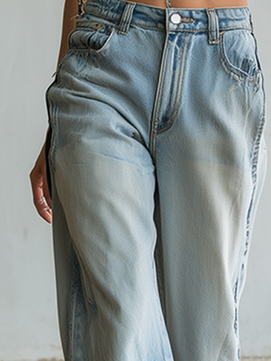 Casual Stylish Star-Patterned Light Blue Wide-Leg Jeans  - By Qivii
