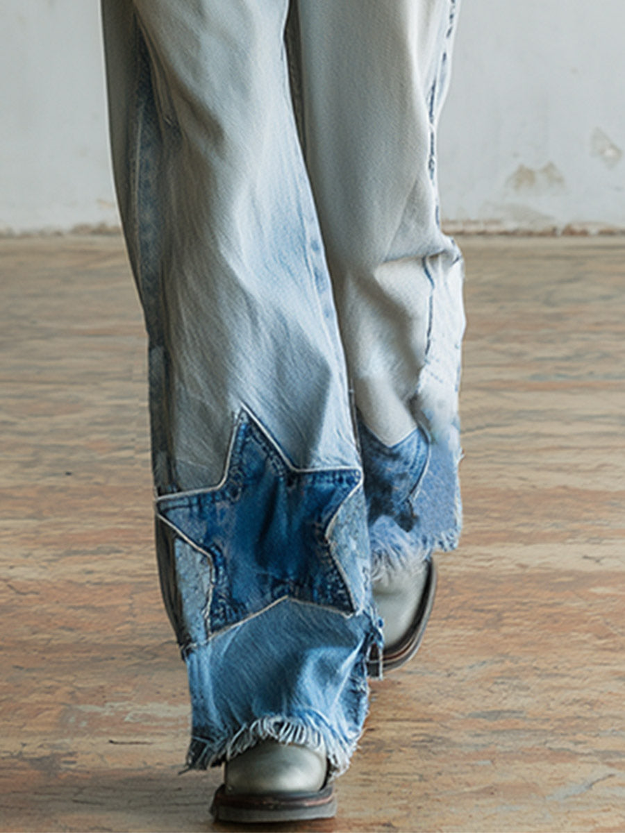 Casual Stylish Star-Patterned Light Blue Wide-Leg Jeans  - By Qivii