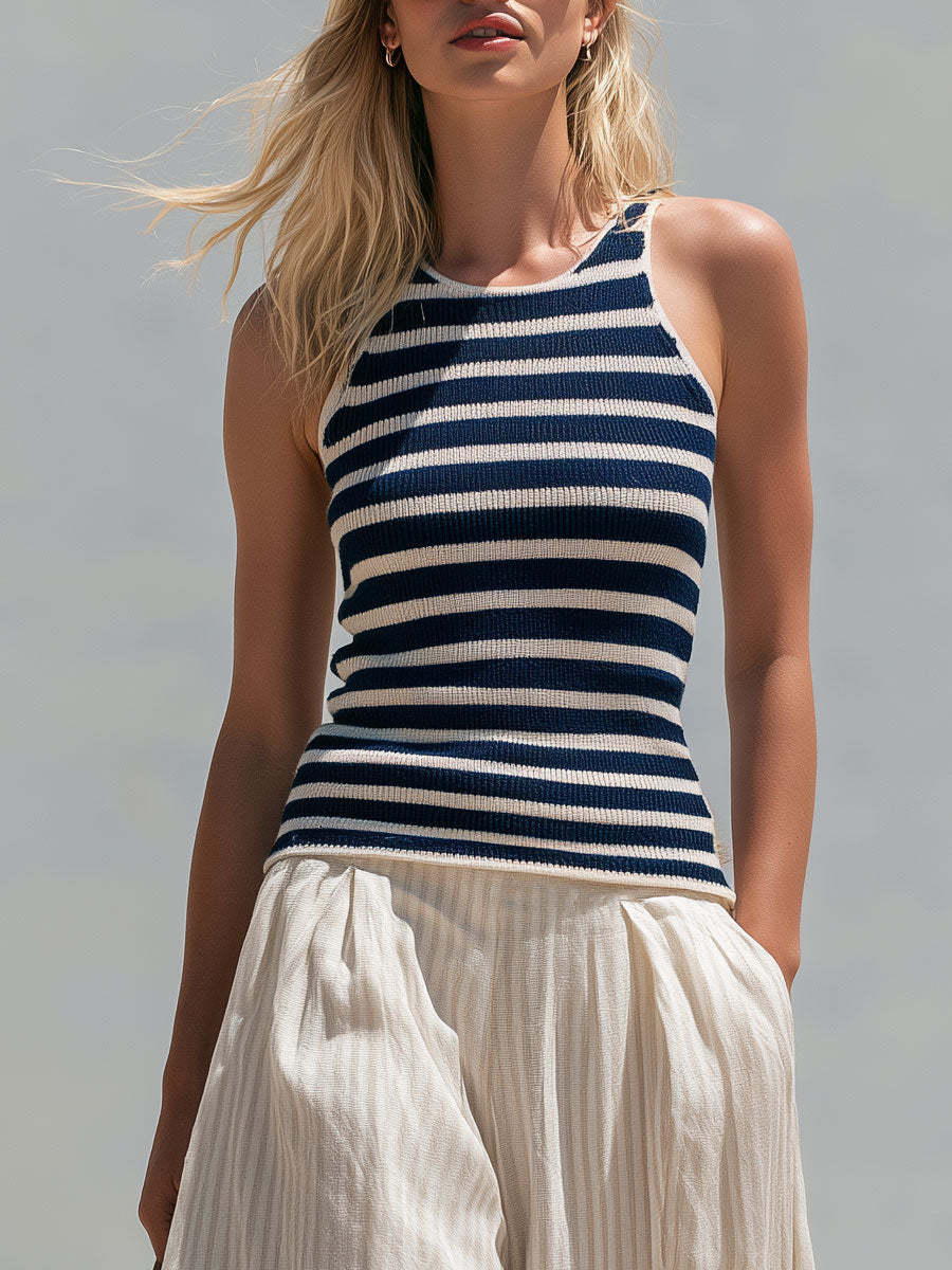 Casual Retro Blue Striped Knit Vest And Beige Striped Cotton-linen Pants Set  - By Qivii