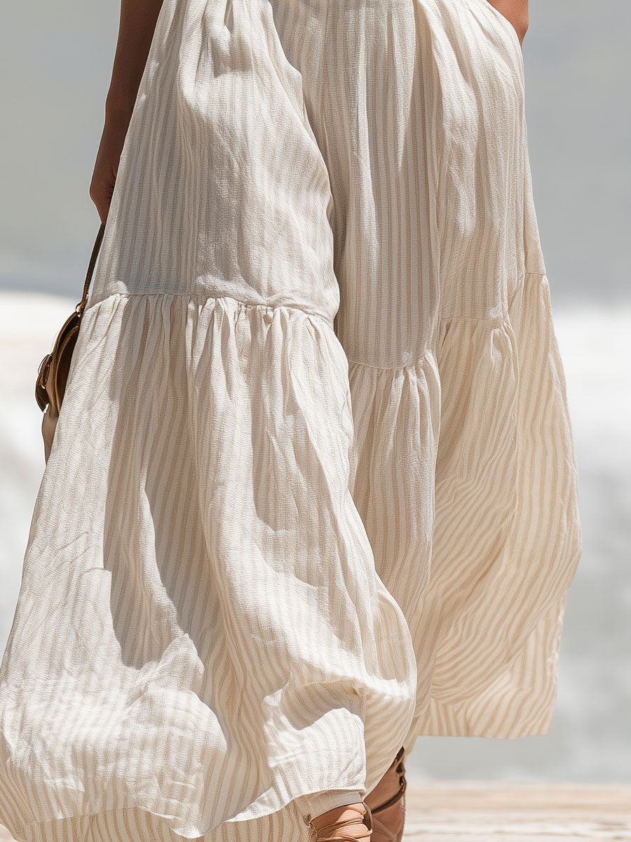 Casual Retro Blue Striped Knit Vest And Beige Striped Cotton-linen Pants Set  - By Qivii