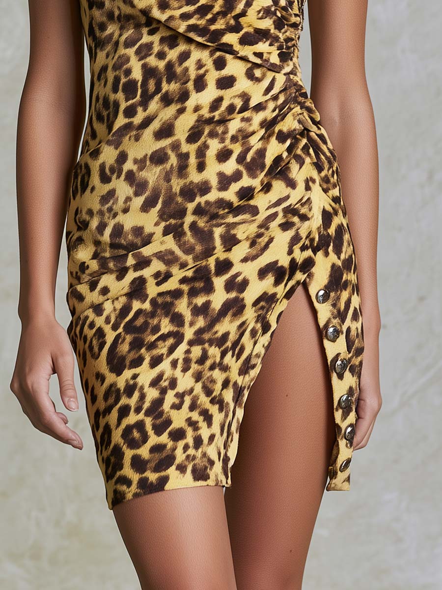 Retro Western One-shoulder Side Slit Leopard Print Light Yellow Faux Suede Mini Dress  - By Qivii