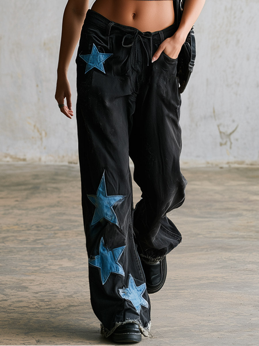 Casual Distinctive Star-patterned Sportswear Black Straight-leg Jeans  - By Qivii