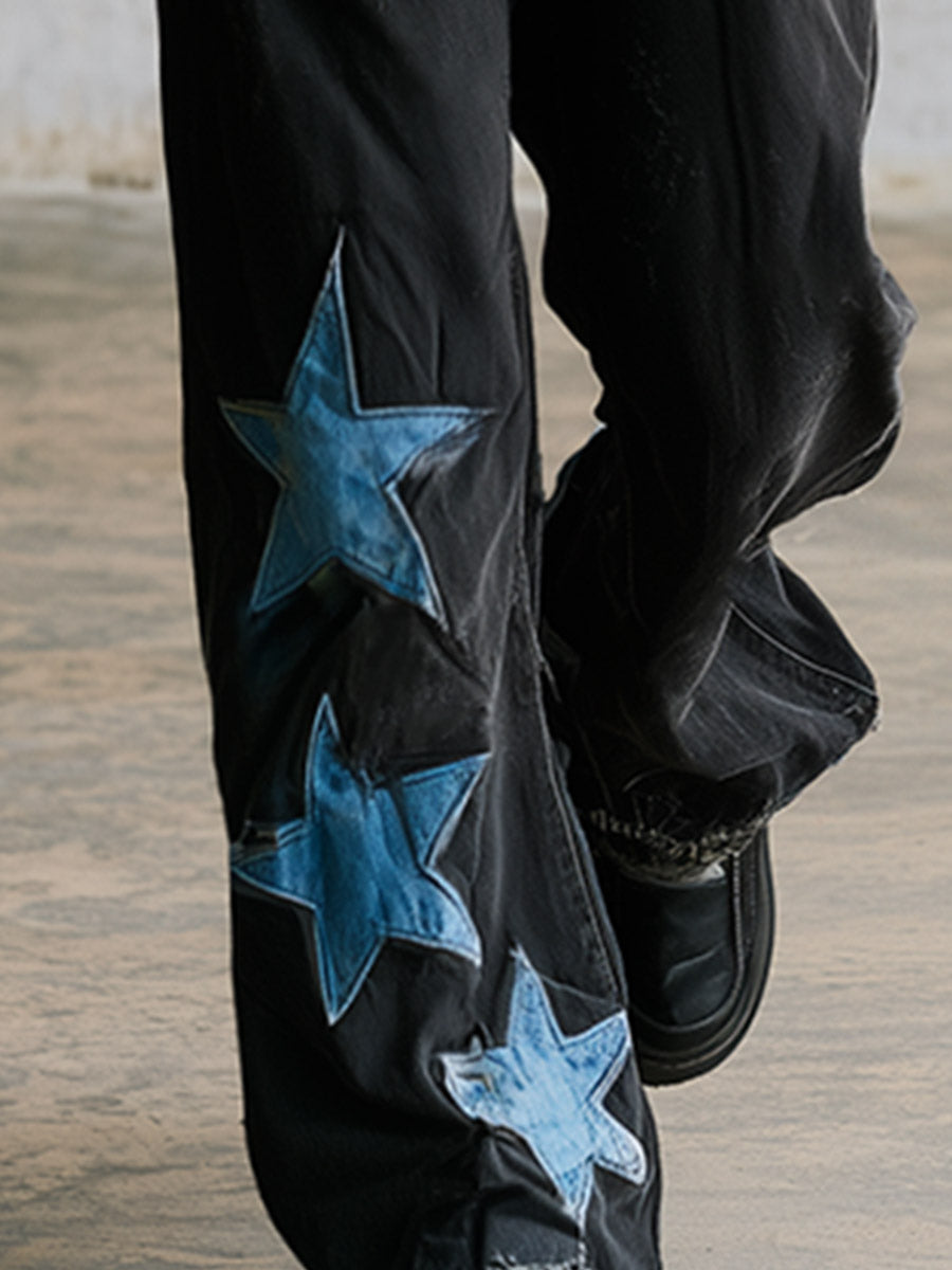 Casual Distinctive Star-patterned Sportswear Black Straight-leg Jeans  - By Qivii