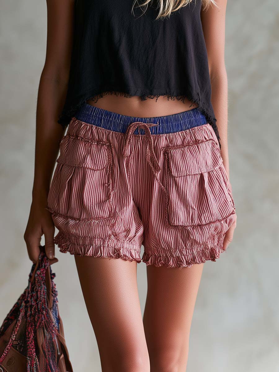 Casual Retro Ruffled Red And White Striped Low-rise Shorts  - By Qivii