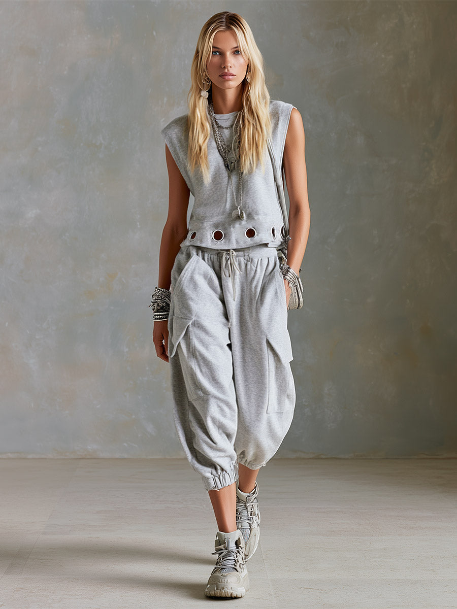 Casual Sporty Style Metal Eyelets Grey-White Tank Top & Cropped Pants Cotton Set  - By Qivii