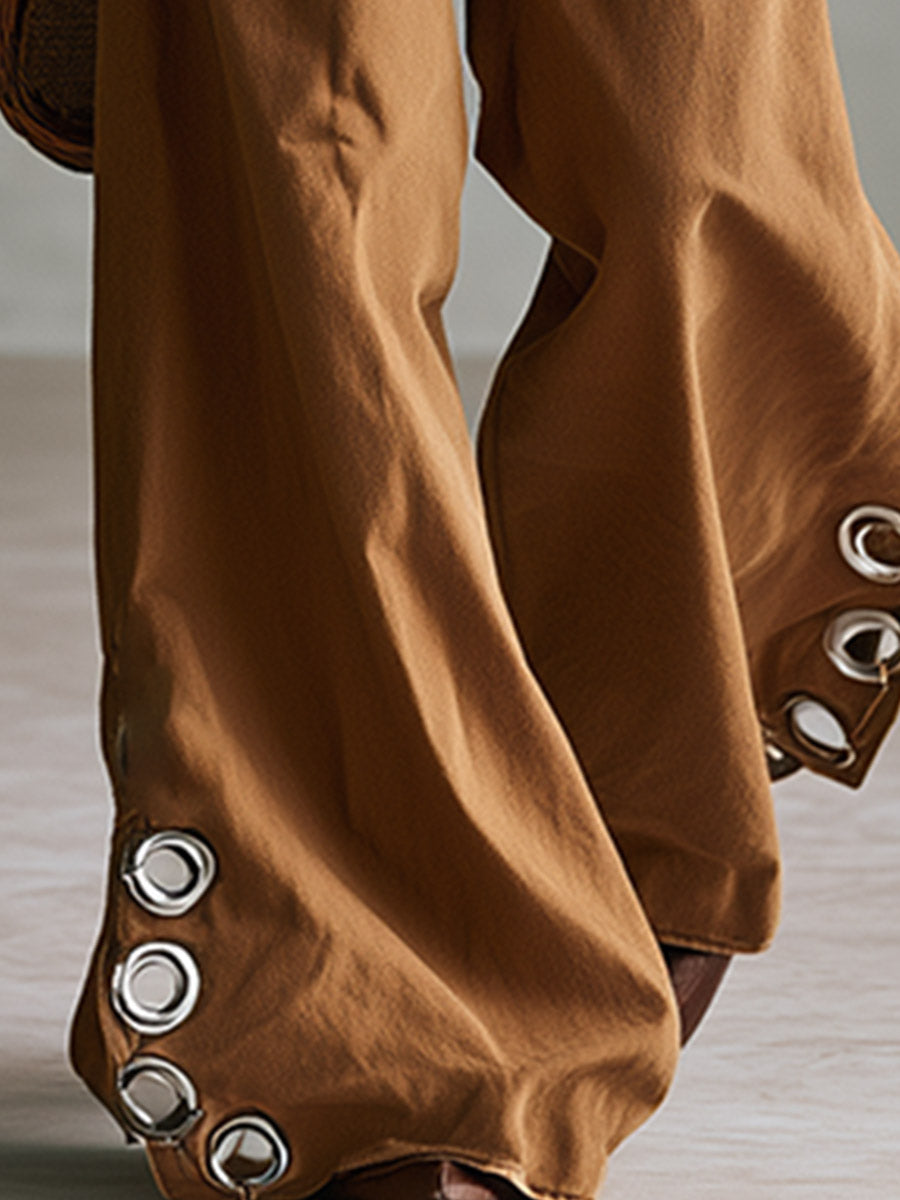 Versatile Retro Style With Metal Eyelets Caramel-colored Wide-leg Trousers  - By Qivii