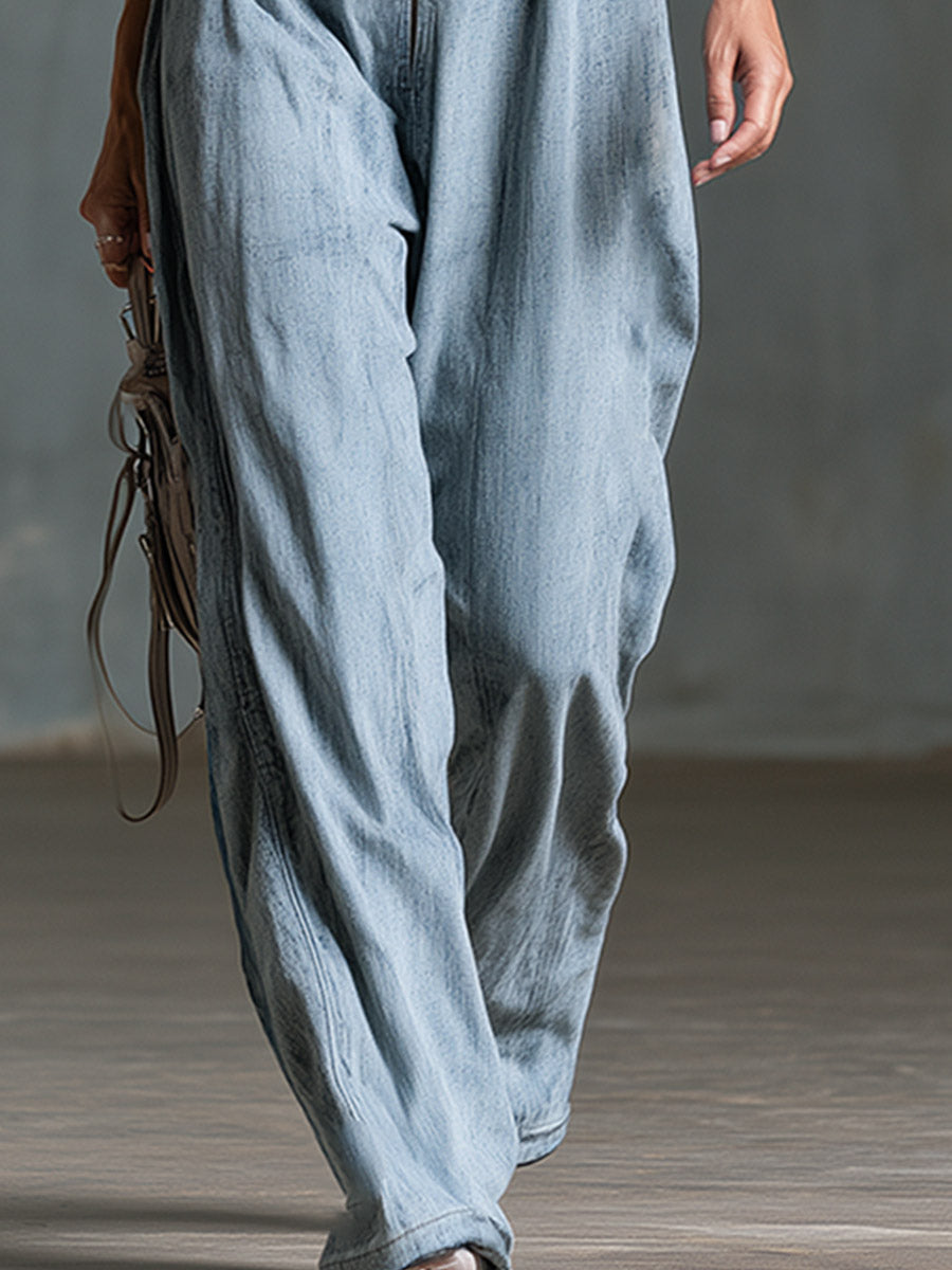 Chic Retro Metal Eyelet Shoulder Straps Light Blue Denim Jumpsuit  - By Qivii