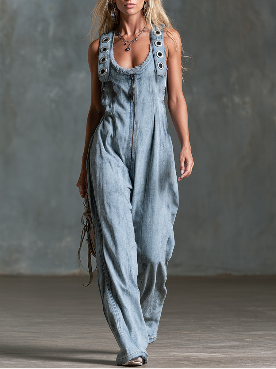 Chic Retro Metal Eyelet Shoulder Straps Light Blue Denim Jumpsuit  - By Qivii