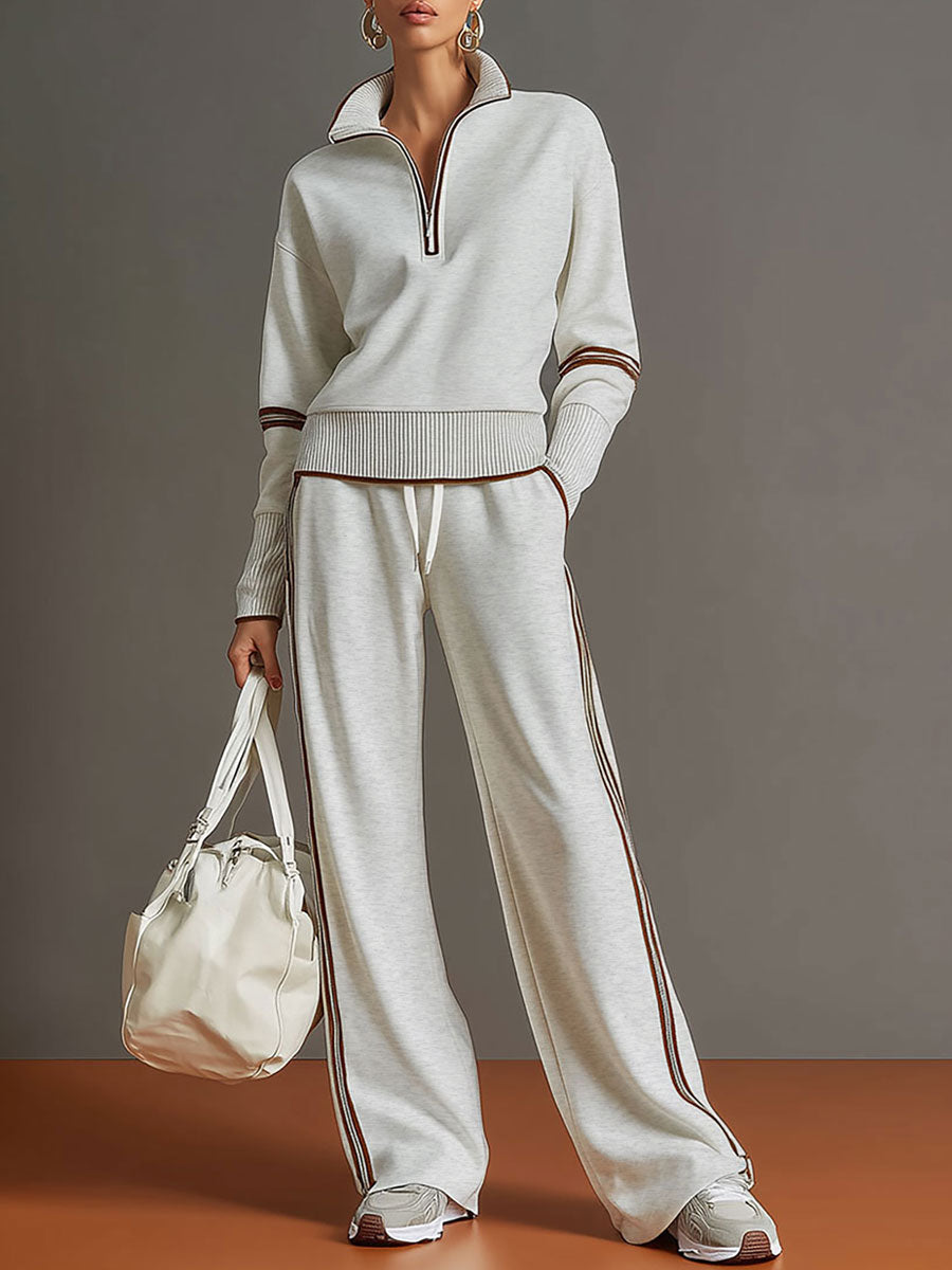 Retro Sporty Webbing Grey-white Half-zip Sweatshirt And Wide-leg Pants Set  - By Qivii